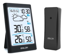 Trådlös väderstation, inomhus-/utomhustermometer, hygrometer, barometer, digital klocka, alarm och tid/datum/dag-visning, svart