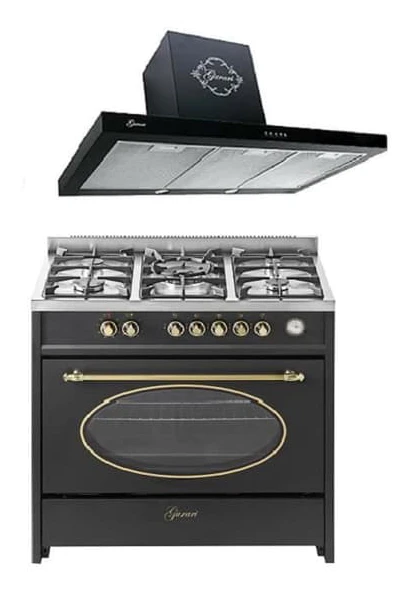 Fristående gaskök 90 cm GURARI GCH E 914 BL - 8 funktioner - 5 brännare - XXL ugn 121L + Fläkt GCH F 461 BL 9