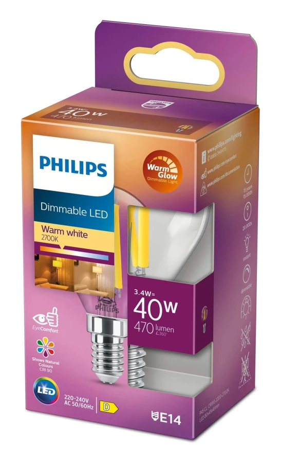 Philips LED E14 Klot 40W 470 lm Klar Dimbar
