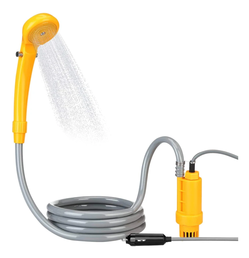Bärbar 12V campingdusch, 5m kabel, justerbart tryck