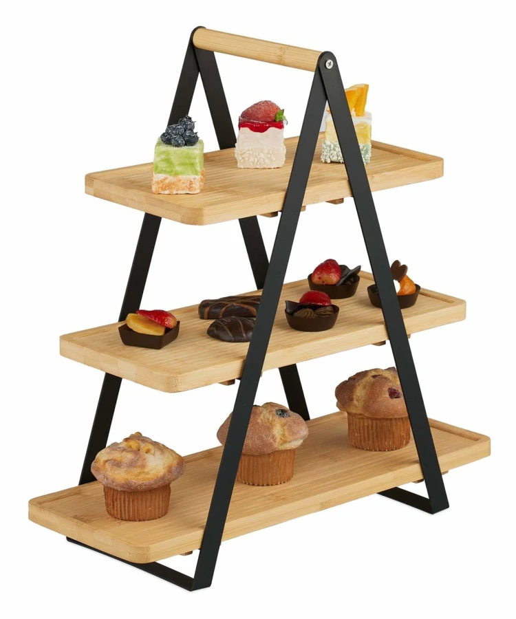 Serveringsställ i bambu och metall – 3-våningars afternoon tea-display