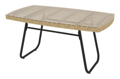 Trädgårdsbord i polyrattan, 90 x 50 x 45 cm, UV-beständigt sidobord med glasskiva, rektangulärt uteplatsbord, balkongbord för tr