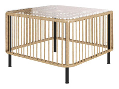 Trädgårdsbord i polyrattan, 65 x 65 x 43 cm, väderbeständigt sidobord, fyrkantigt uteplatsbord med glasskiva, soffbord, balkongb