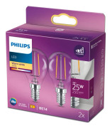 Philips - LED-glödlampa med filament - form: P45 - klar finish - E14 - 2 W (motsvarande 25 W) - klass E - varmt vitt ljus - 2700 K (paket om 2)