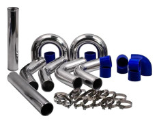 Aluminium intercooler rörkit - Universellt turborörsats - Ø 76 mm - Silikonslangar - T-bultklämmor - Blå