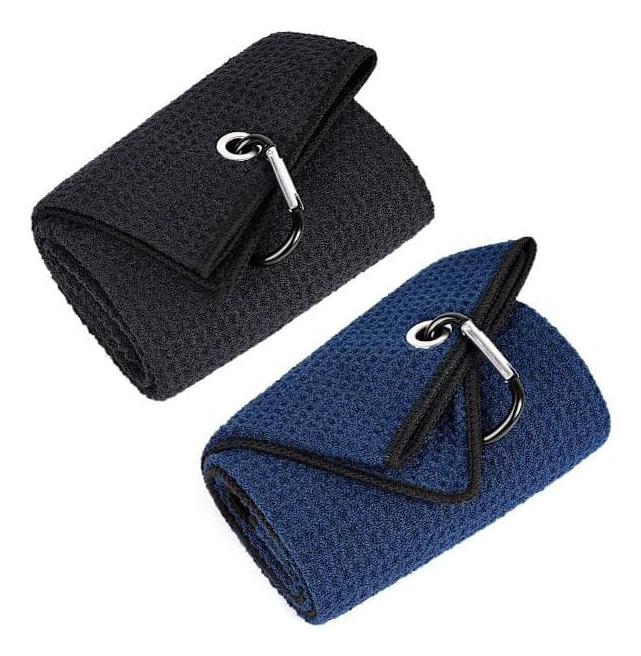 Golfhandduk | Premium Mikrofiber | Våffelmönster | Säker Kardborrestängning | Unisex Golfhandduk | 40 x 60 cm (Svart + Marinblå)