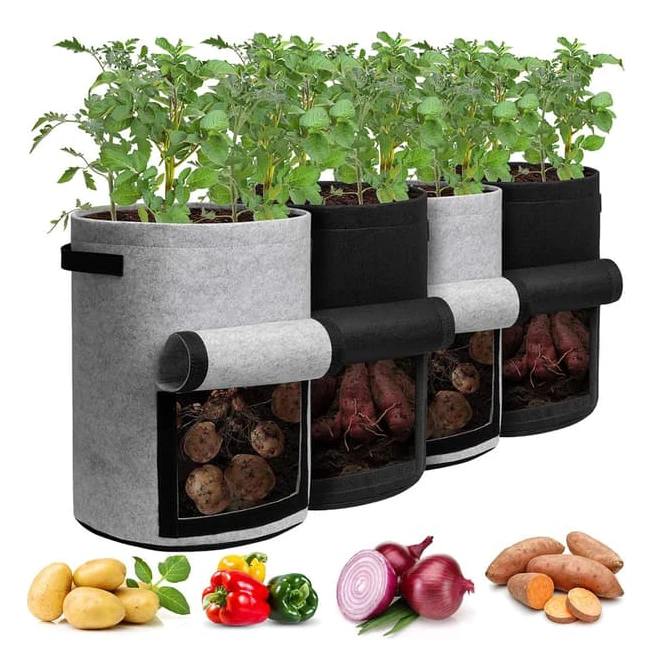 Potatisodlingspåsar med lucka – 10 gallon (4-pack) – Växtpåsar med handtag och skördefönster för potatis, tomater och grönsaker – Svart