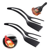 Black - 2 - Egg Turning Spatula - 1 - Turning Spatula Tongs - Silicone - Egg Turning Tool - Fish - Toast - Stick - Cooking Spatula