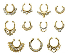 Berlocker Fake Septum Clicker Kristall Näsring Guld