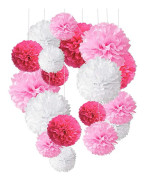 Assortment of 18 Pink, White, and Ivory Tissue Paper Pom Poms
