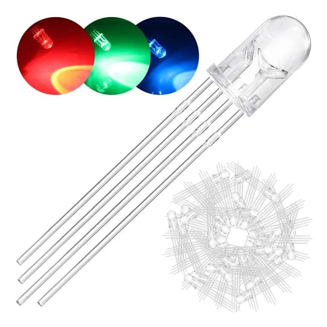 100-pack 5 mm lysdioder med gemensam katod, DC 3 V, 20 mA, RGB trefärgad (röd/grön/blå)