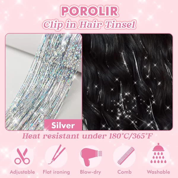 Clip-in Hårglitterkit, Förpackning med 12 Glitter Fairy Hårförlängningar 20 Tum Glänsande Hårglitter Värmebeständigt (Silver)