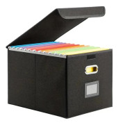 Hängmappslåda i konstläder - Arkivbox med lock och ficka - Hopfällbar för kontor och hem - Träram - Svart