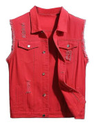 Men's Casual Ripped Denim Vests Classic Trucker Button-Up Sleeveless Jeans Vest -HG Red Red XL Red XL