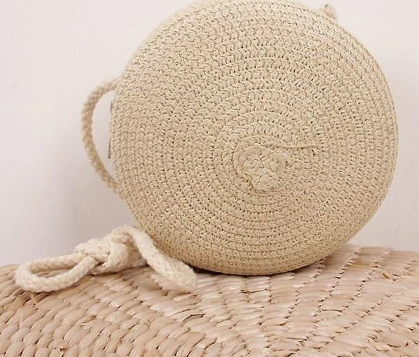 Handväska Mode Handgjord Halmväska Kvinnor Flicka Rund Halmväska Sommar Strandväska Rottingvävda Axelväskor Handväska Stickade Tillbehör（beige-12cm）