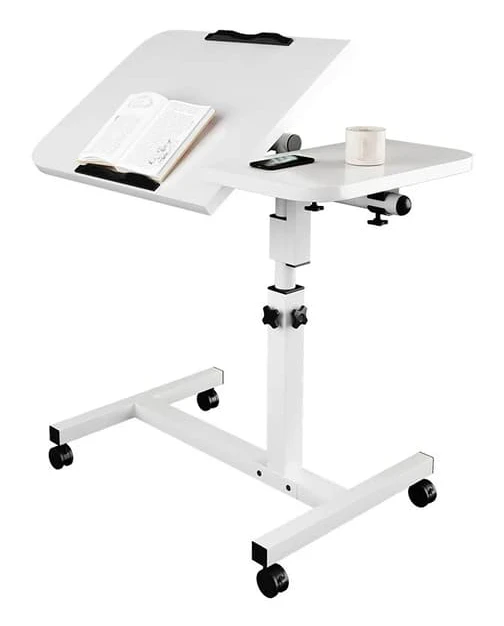 Mobilt laptopbord - Rullande ståbord - Höjdjusterbart 65–95 cm - Vinklingsbar bordsskiva - På hjul - Metallram - Vit
