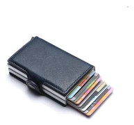 RFID Blocking Card Holder - Pop Up Wallet for 14 Cards - Leather and Aluminum Credit Card Case with Money Clip Dark Blue Dark Blue