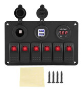 12V 24V 6-vägs Bilbåt Marin LED-Vippbrytarepanel Dubbel USB Voltmeter Cigarettändare Röd
