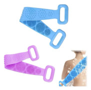 2 duschborstar - Dubbelsidig silikonryggskrubb, utdragbar, exfolierande - 60 cm - Blå & Lila