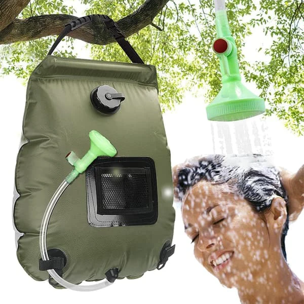 Solduschväska | 20-liters soldriven campingduschväska | Avtagbar slang | På/av-kopplingsbart duschhuvud | Resedusch | Dusch för stranden