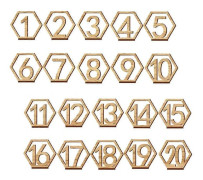 1-20 Wooden Table Number Plate, Hexagonal Hollow Table Number Card, Digital Seating Card with Sturdy Holder Base (FMY)