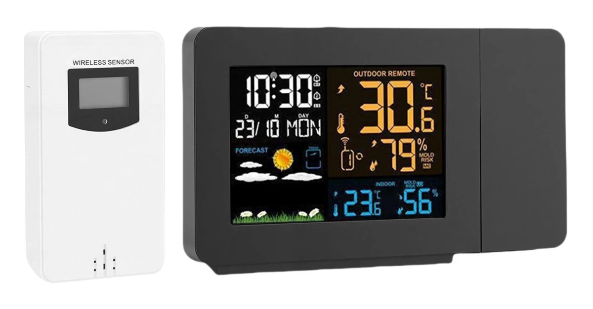 Projektionsväckarklocka Väderstationsdisplay för inomhus/utomhus Termometer Temperatur Fuktighet för Sovrum