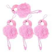 Flamingo Badboll Kroppsskrubber, 4-pack återanvändbar luffa duschsvamp, mjuk PE exfolierande svamp för barn, skonsam rengöring och bubbelkul