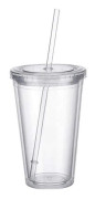 Dubbelväggig plastkopp med lock och sugrör, isolerad kaffekopp, 500 ml, genomskinlig