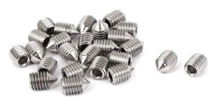 Set med 16 koniska ställskruvar 5 mm långa, diverse metriska gängor, M3, M4, M5 och M6. Set med sexkantiga ställskruvar tillverkade av A2 rostfritt stål.