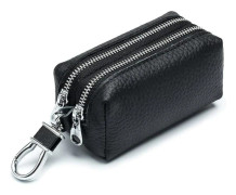 Äkta läder bilnyckel fodral, unisex dubbel dragkedja nyckelring plånbok myntväska väska med metallkrok (svart)
