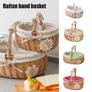Storage Basket Food Basket Rattan Woven Egg Basket Portable Gift Picnic Fruit Small Woven Bamboo Basket Small Green Plaid