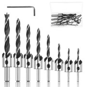 Woodworking Drill with Countersink, 8 Pcs HSS Steel Tapered Woodworking Countersink High-Speed Woodworking Drills with Hex Key Reamer Chamfer