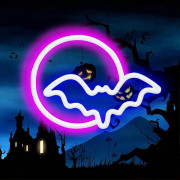 Moon and Bat LED Neon Sign, USB/Battery Wall Lamp Kids Gift Christmas Red