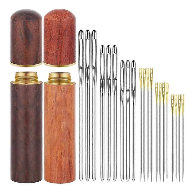 12 Pcs Double Hole Threading Needles, 9 Eye Sewing with 2 Wood