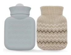 Varmvattenflaska med stickat överdrag, läcksäker liten varmvattenflaska 350 ml, 10 x 16 cm, mysig randig design