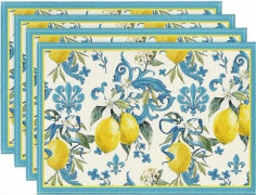 Set med 4 citronmönstrade bordstabletter 30 x 45 cm Tvättbar bordstablett Sommar citron bordstablett Blå dekoration Citron bordstablett för matbord Semester