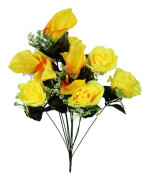 En bukett med 12 blommor, en blandning av ros och lotus, med gula accenter.