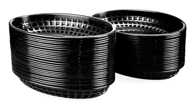 Set med 50 snabbmatskorgar, förvaringskorgar i plast, klassisk oval displaykorg - svart. 14 x 22,5 x 3,8 cm