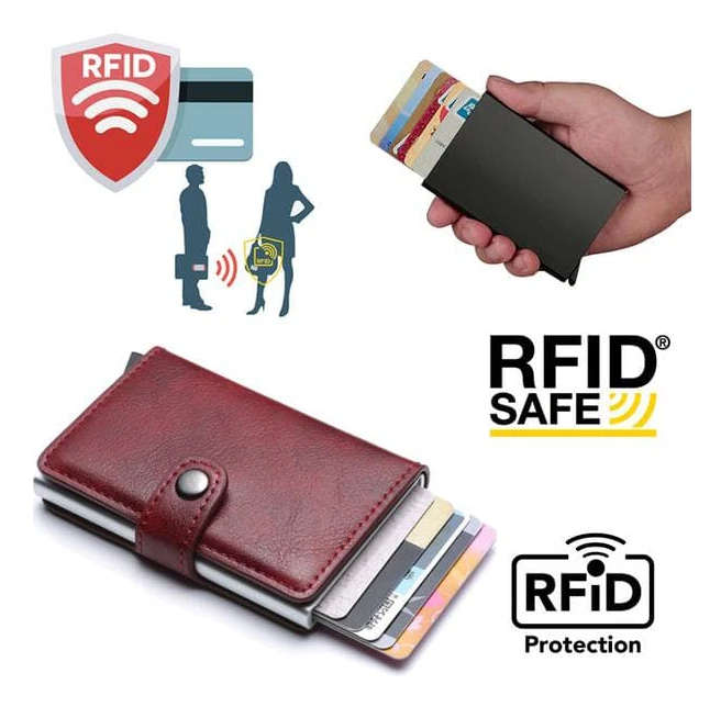 Röd- RFID Skydd Plånbok Korthållare 5st Kort (Äkta Läder)