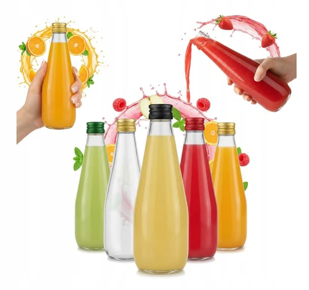100x GLASFLASKOR DROPLA 330ml för juice, sirap, likör, lemonad, vatten 0,33L