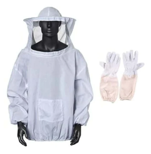 Smockdräkt Skyddsutrustning med Hatt Professionell Anti-Bi för Biodling Biodlare Vit Bi-Jacka Vit Canvas Fårskinn Handskar Set om 2