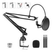 Mikrofonarm - Justerbart stativ med saxarm - Bordsklämma i metall - Med popfilter och mikklämma - Adapter 0,95–1,6 cm - Svart