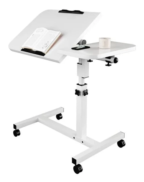 Rullbart laptopbord - Höj- och sänkbart sängbord - Delad tilttopp 40+20×40 cm - Höjd 65–95 cm - 180° lutning - 360° låsbara hjul