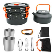 Bärbart camping non-stick aluminium köksredskapsset, vattenkokare, kastrull, för resor, vandring, picknick, grillbestick
