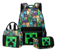 Minecraft Ryggsäck för Pojkar, Svart Skolväska för Barn, Gröna Creeper Zombie Skelett Enderman och Grottspindel 3-Dels Set Three-piece set