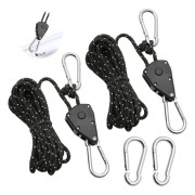 Adjustable Ratchet Rope 1/8 Black with 2 Extra Hooks for Lights Plants Tents Hiking