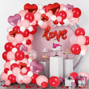 263 st Alla hjärtans dag ballongbågskit dekorationer, rosa/vit/röda ballonggirlanger med \"LOVE\" foliehjärtballong & rosenblad för