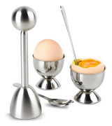 Eggshell opener, 2 egg cups for soft-boiled and hard-boiled eggs with 2 spoons, stainless steel construction, fits most egg sizes