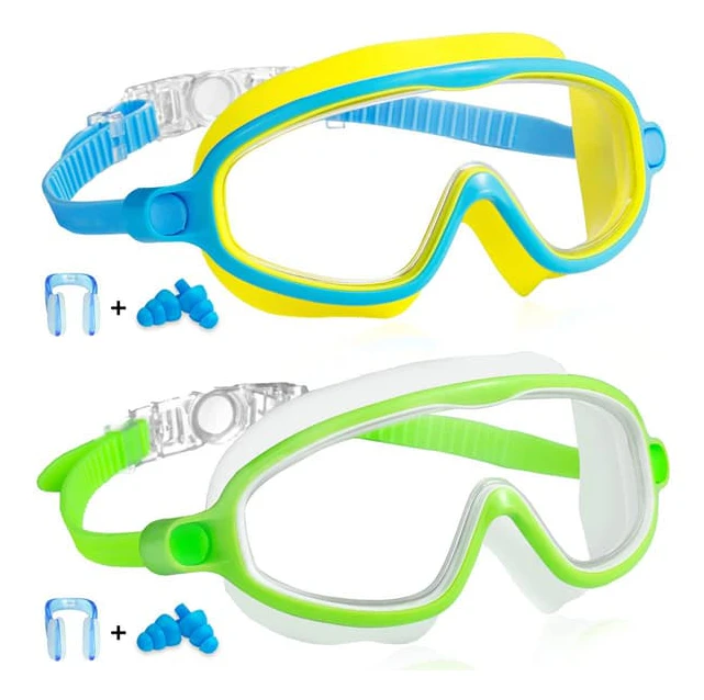 2-pack simglasögon för barn, anti-im, anti-UV, läckagefria simglasögon, mjuk silikontätning, panoramavyglasögon för pojkar och flickor i åldern Blue & Green