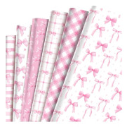 Presentpapper set om 6 rosa rosett- och rutiga mönster - Högkvalitativt presentpapper - För romantiska och festliga tillfällen - 50,8 cm x 68,5 cm - 12-delat set